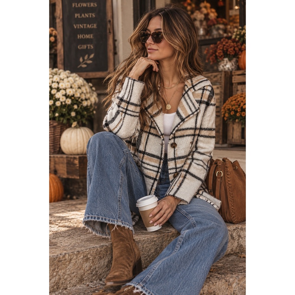 Rachel Zoe Plaid Sweater Blazer XS Cream Tan Black Double Breasted Quiet Luxury